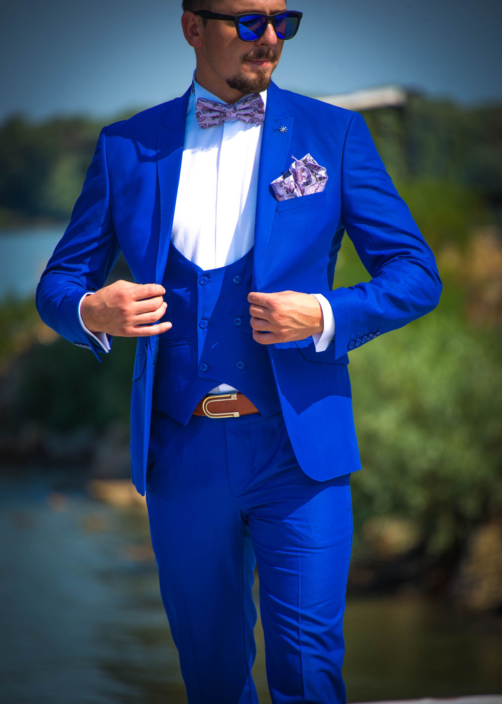 Costume barbati albastre slim fit in carouri Reginald 2 nasturi