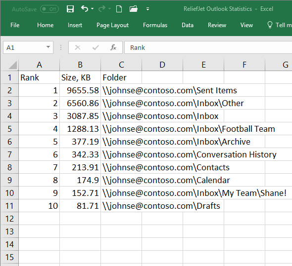 Largest Folders ReliefJet for Outlook