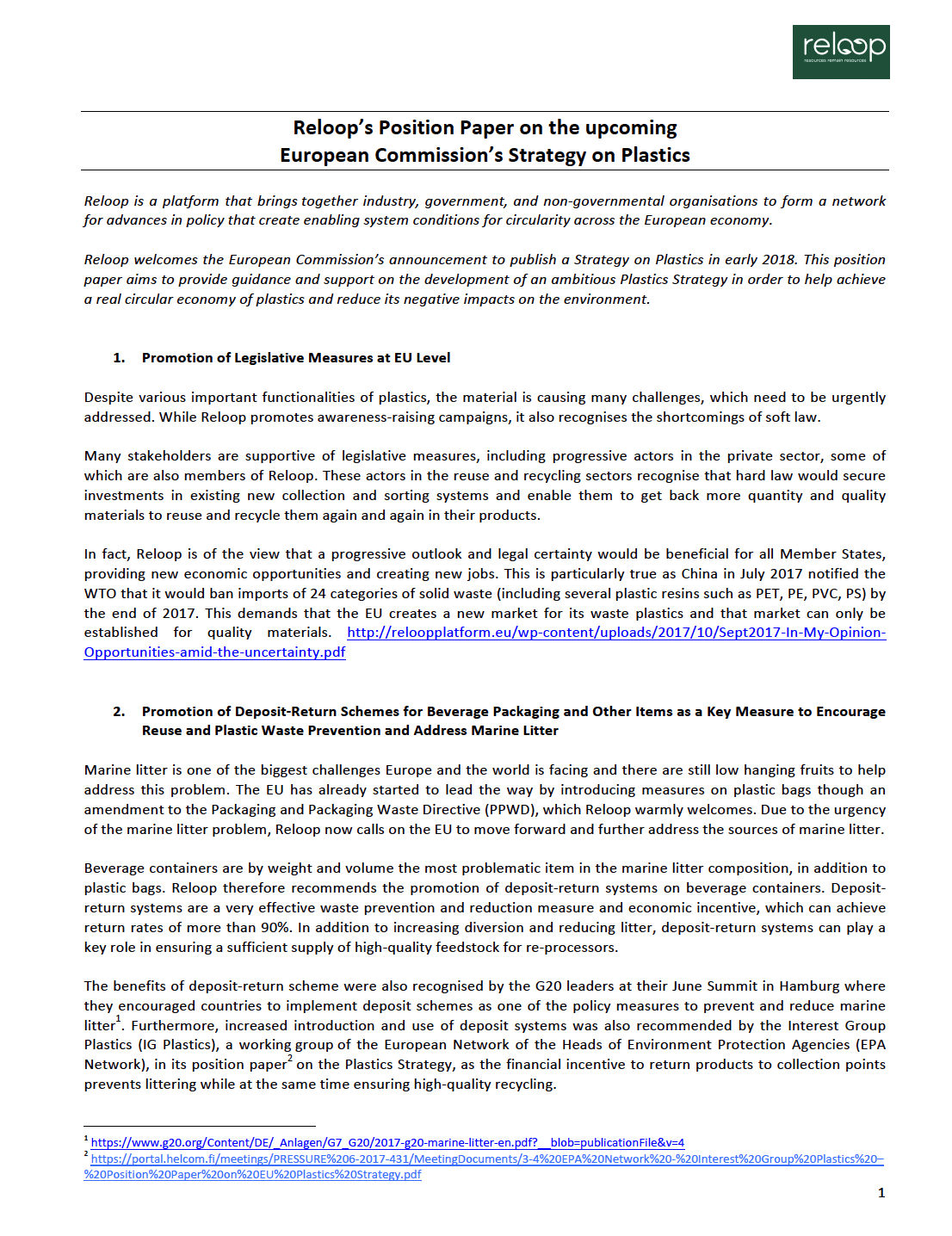 Position Paper on the European Commission's Strategy on Plastics Reloop Platform