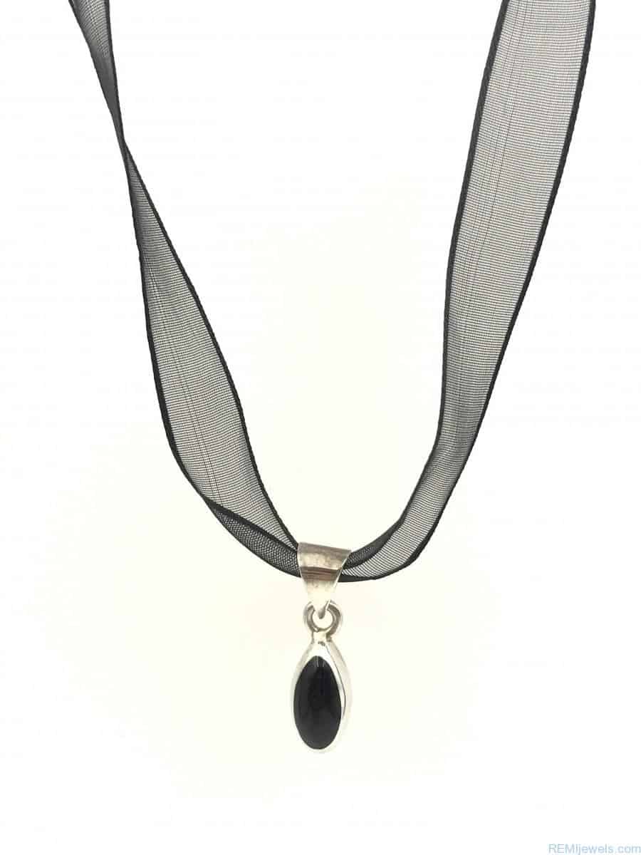 Vintage Black Color Ribbon Necklace Sterling Silver Black Charm Necklace Vintage Jewelry