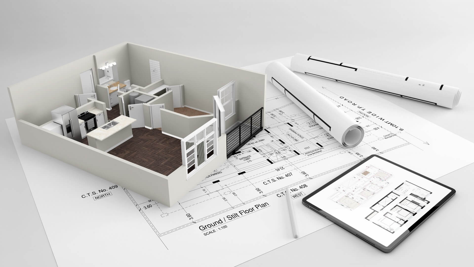 House with Architecture Drawing Sheet 3D Model by luxmi_3d_studio