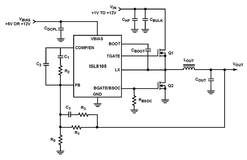 ISL8105 +5V or +12V SinglePhase Synchronous Buck Converter PWM Controller with Integrated