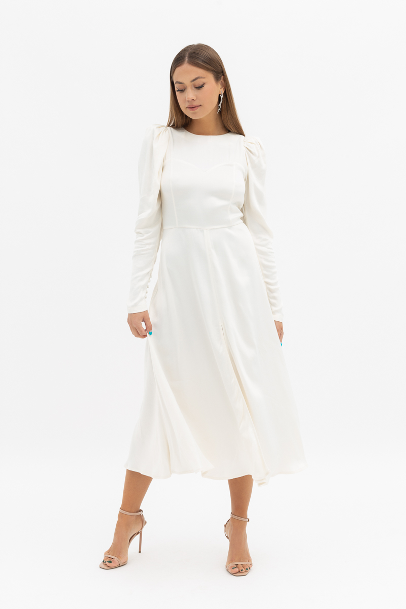 Long sleeved white midi dress midi suknelė ilgomis rankovėmis