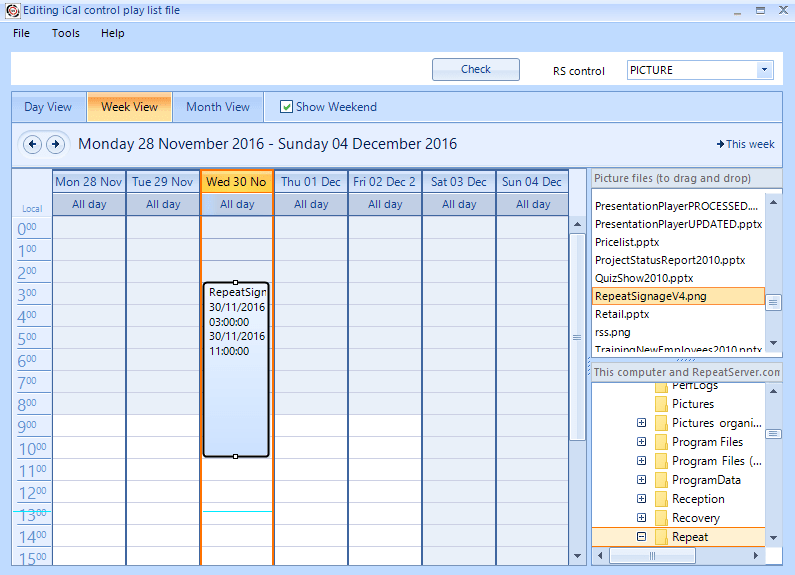 Using iCalendar files to schedule digital signage control content
