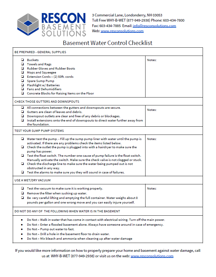 Basement Water Control Checklist Download Rescon Basement Solutions