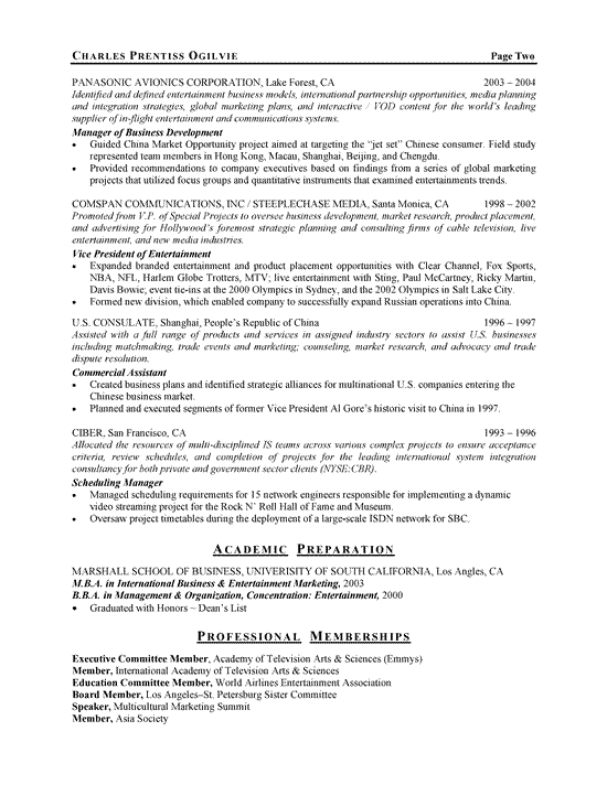 Sample resume for entertainment industry