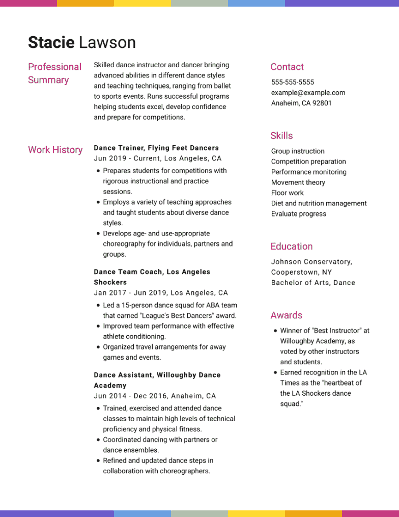 Top Dance Resume Examples To Use in 2024