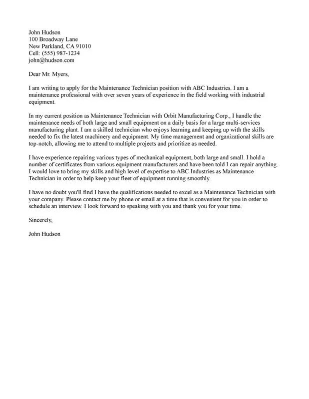10+ Maintenance Technician Cover Letter JeannaAmelle