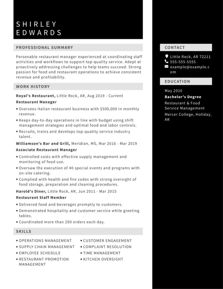 Restaurant Manager Resume Examples for 2024