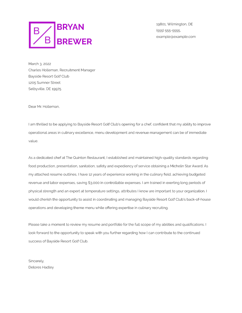 Best Chef Cover Letter Example to Use in 2024