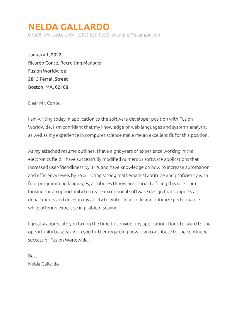 Best Software Developer Cover Letter Example for 2024