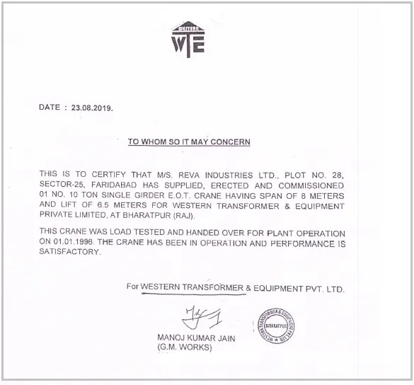 REVA Received Performance Certificate of Single Girder EOT Crane from