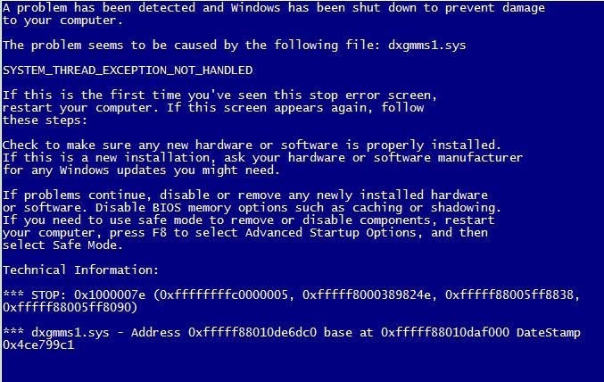 What does the SYSTEM_THREAD_EXCEPTION_NOT_HANDLED Blue Screen mean?