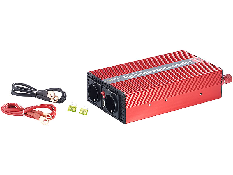 revolt KfzSpannungswandler 1000 W, 2x 230 V AC, 5 V USB, Peak 2000 W