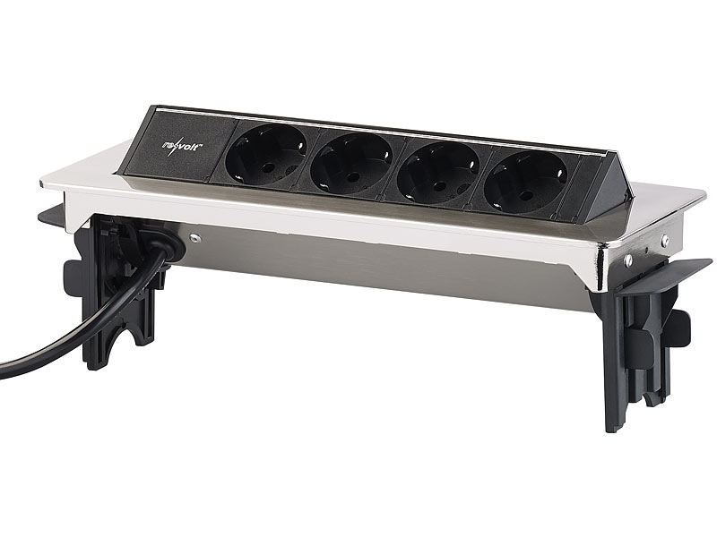 revolt Versenkbare ProfiEinbauTischSteckdose, 4fach, Edelstahl, 3500 Watt
