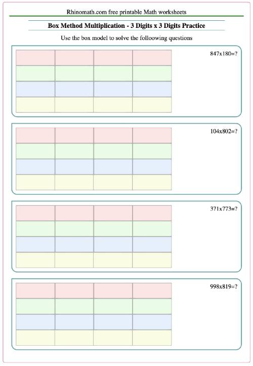 Box Method Multiplication 3Digits x 3Digits Practice