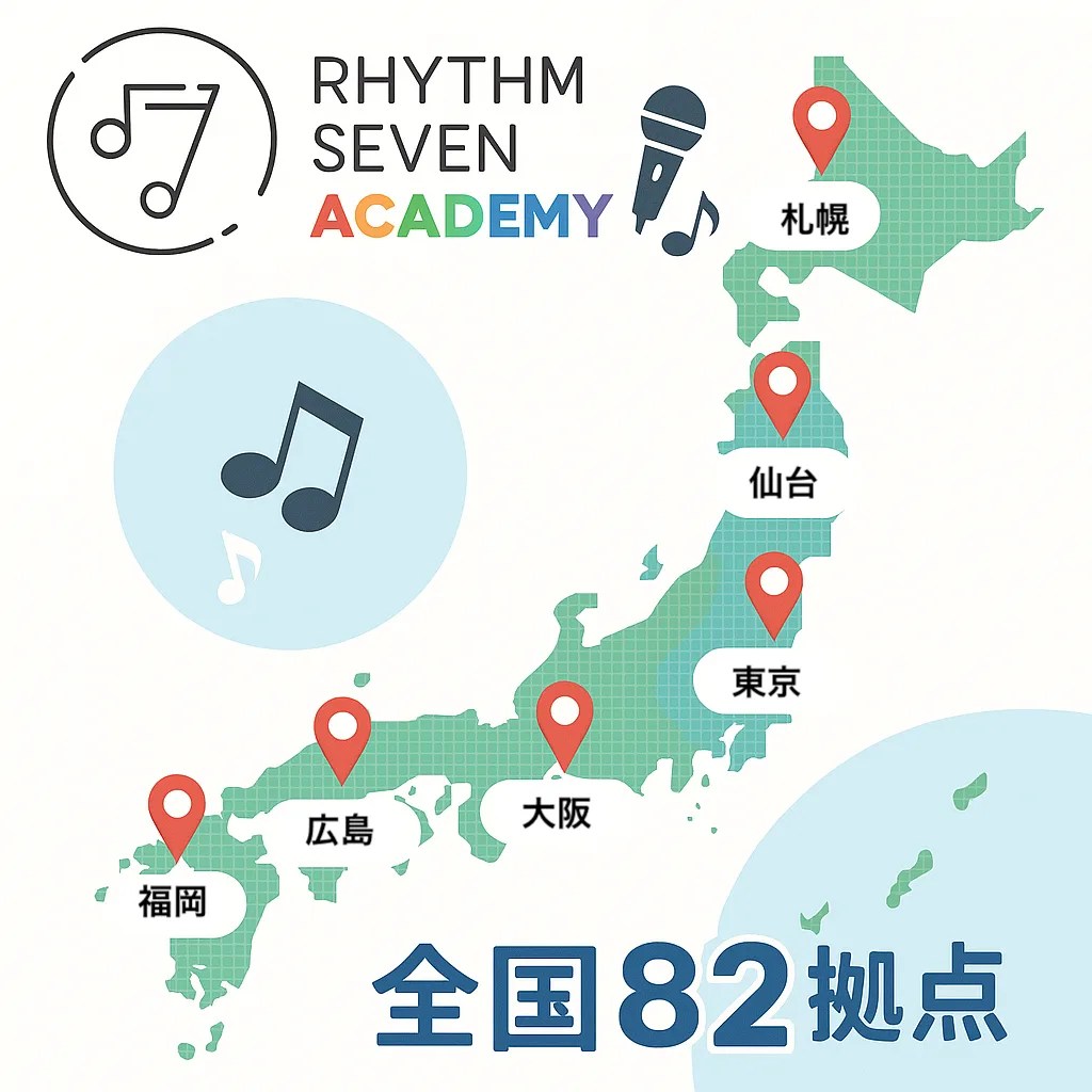 日本地図に札幌〜福岡の主要都市を示した図。リズムセブンアカデミーの全国展開を表現。