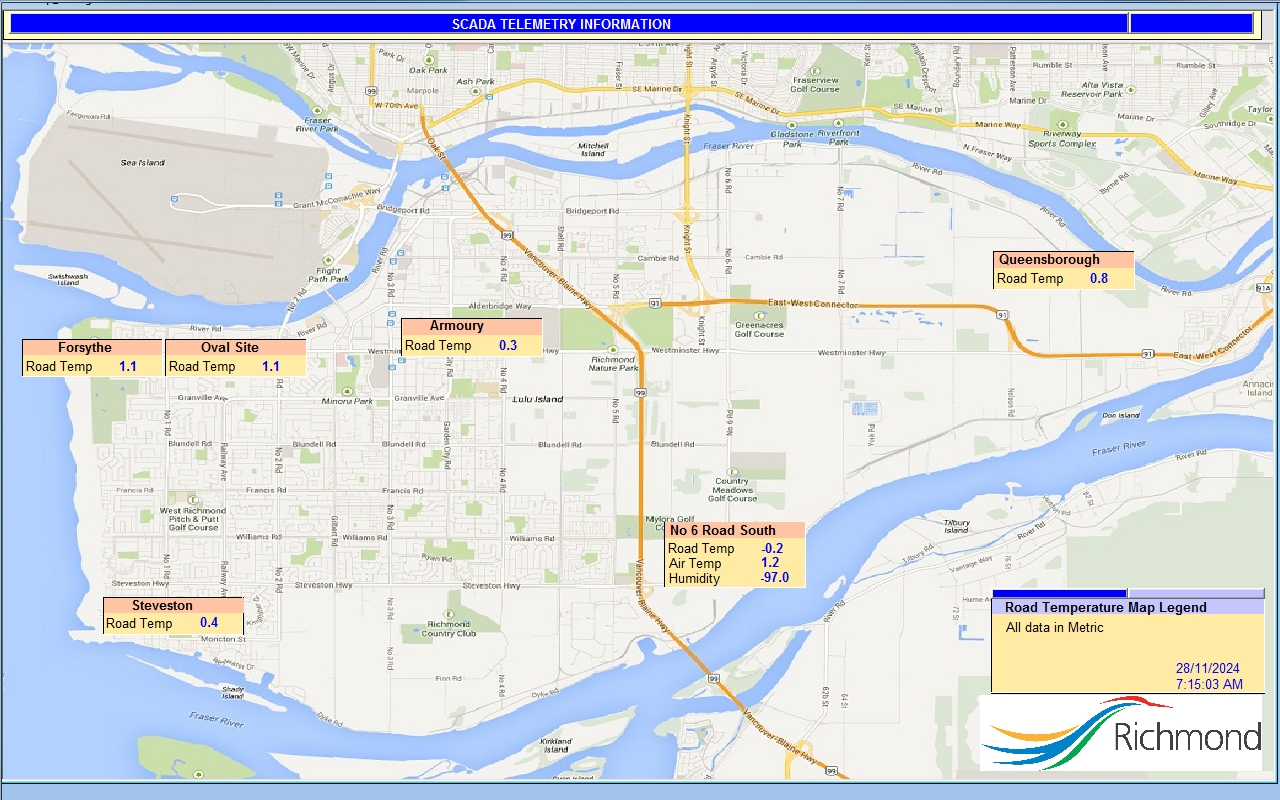 Road Temperatures Map City of Richmond, BC