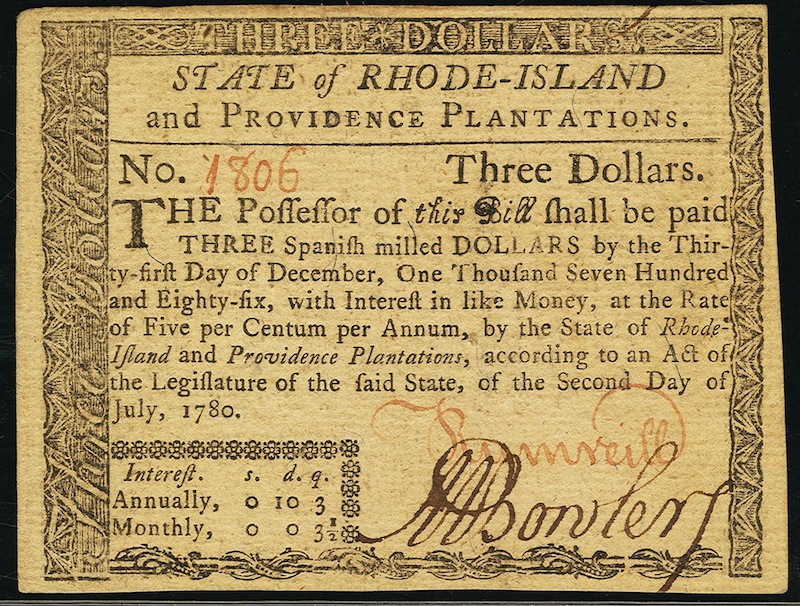 1780 3 Dollar Bill From Rhode Island