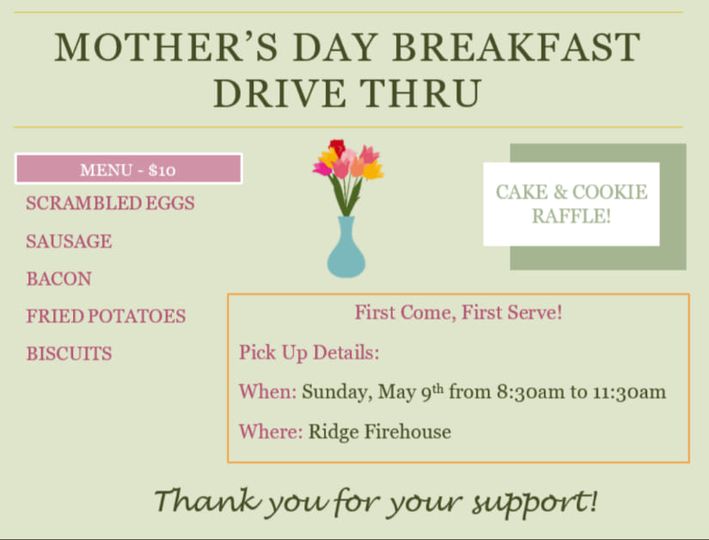 Mother's Day Drive Thru Breakfast Ridge Volunteer Fire Department