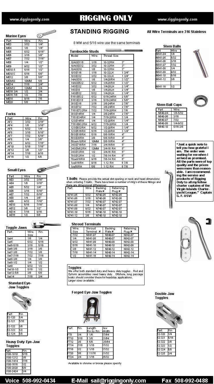 Standing rigging and sailboat hardware available at Rigging Only