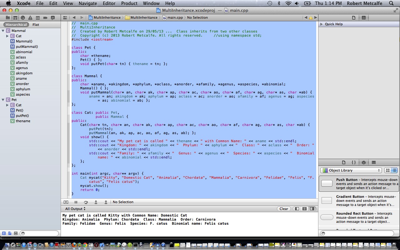 C++ Xcode OOP Multiple Inheritance Tutorial Robert James Metcalfe Blog
