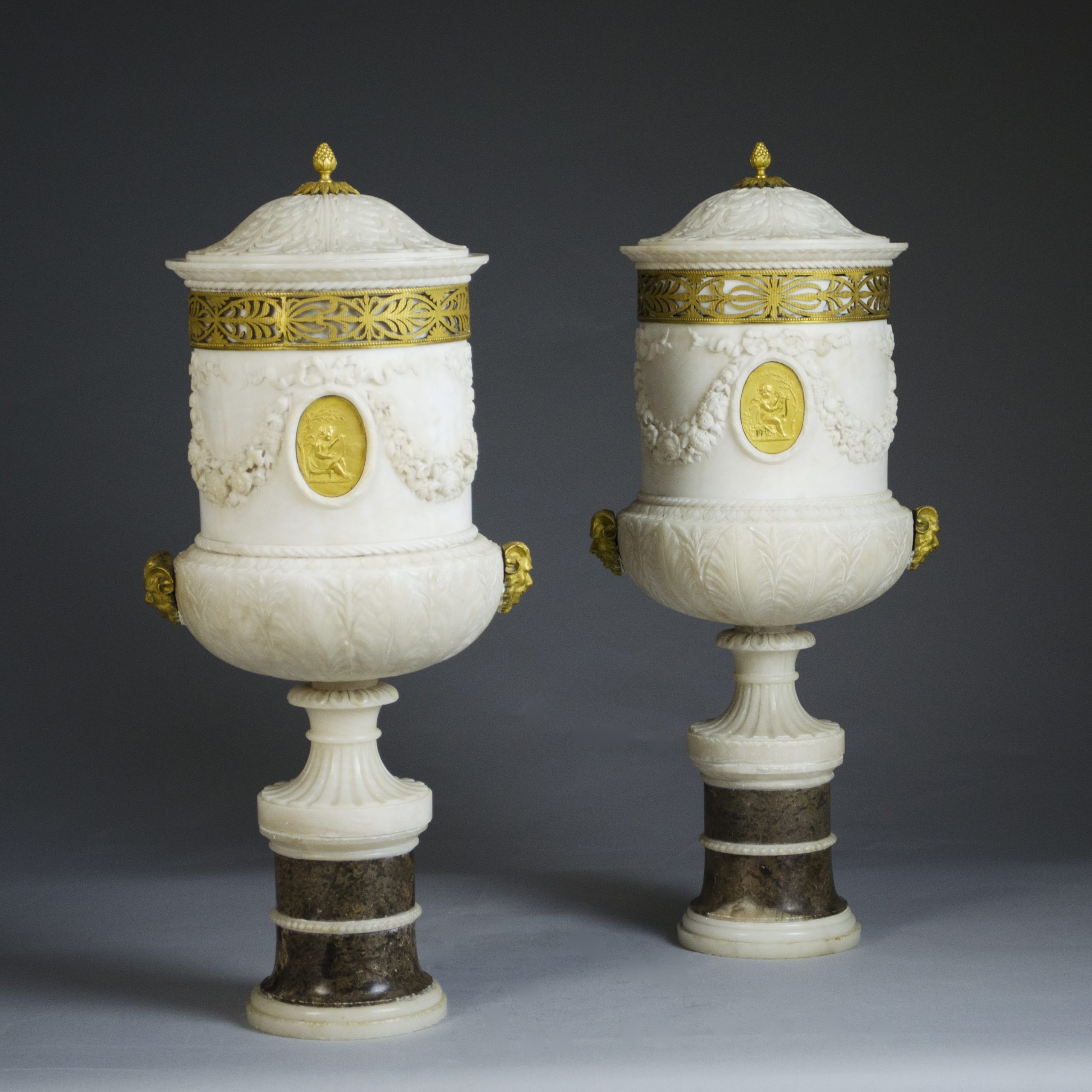 Pair of Italian Gilt Bronze Mounted Alabaster Vases ROBIN MARTIN ANTIQUES