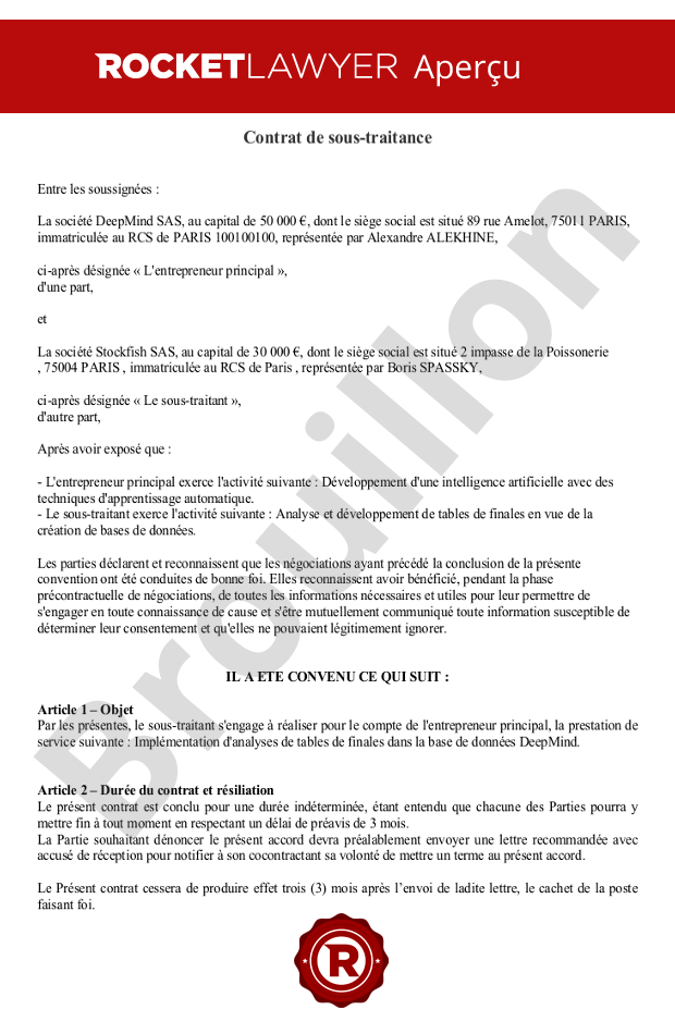 exemplaire de contrat de sous traitance