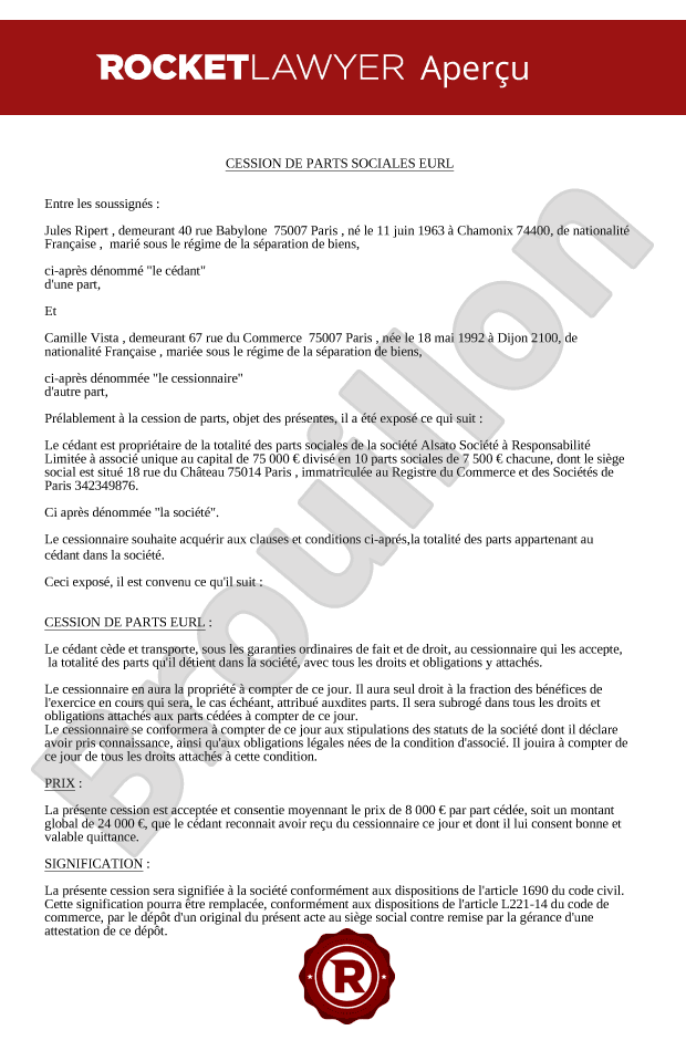 Cession de parts sociales EURL modèle gratuit