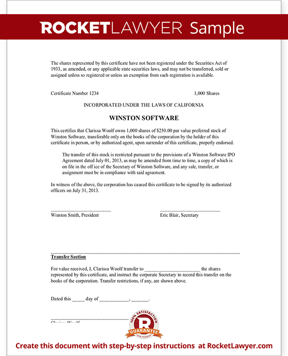 Corporate Stock Share Certificate (Template) Rocket Lawyer