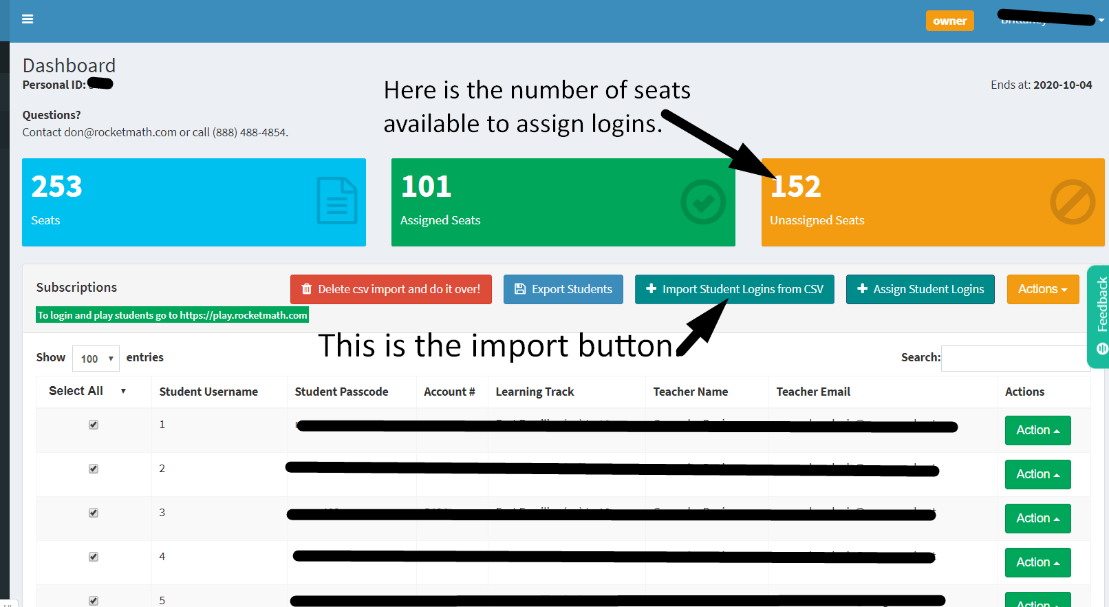 (C) Import student logins using a CSV file Rocket Math
