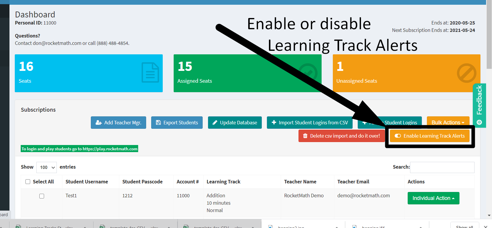 (E) Enable (or Disable) Learning Track Alerts Rocket Math