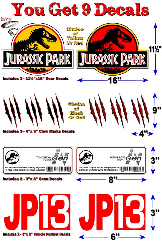 9 Piece Jurassic Park Vinyl Graphics Decals Set Jeep Rubicon JK TK Door