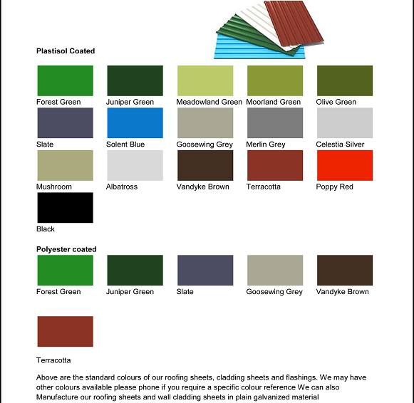 Roofing Sheets Roof Sheet Colour Chart