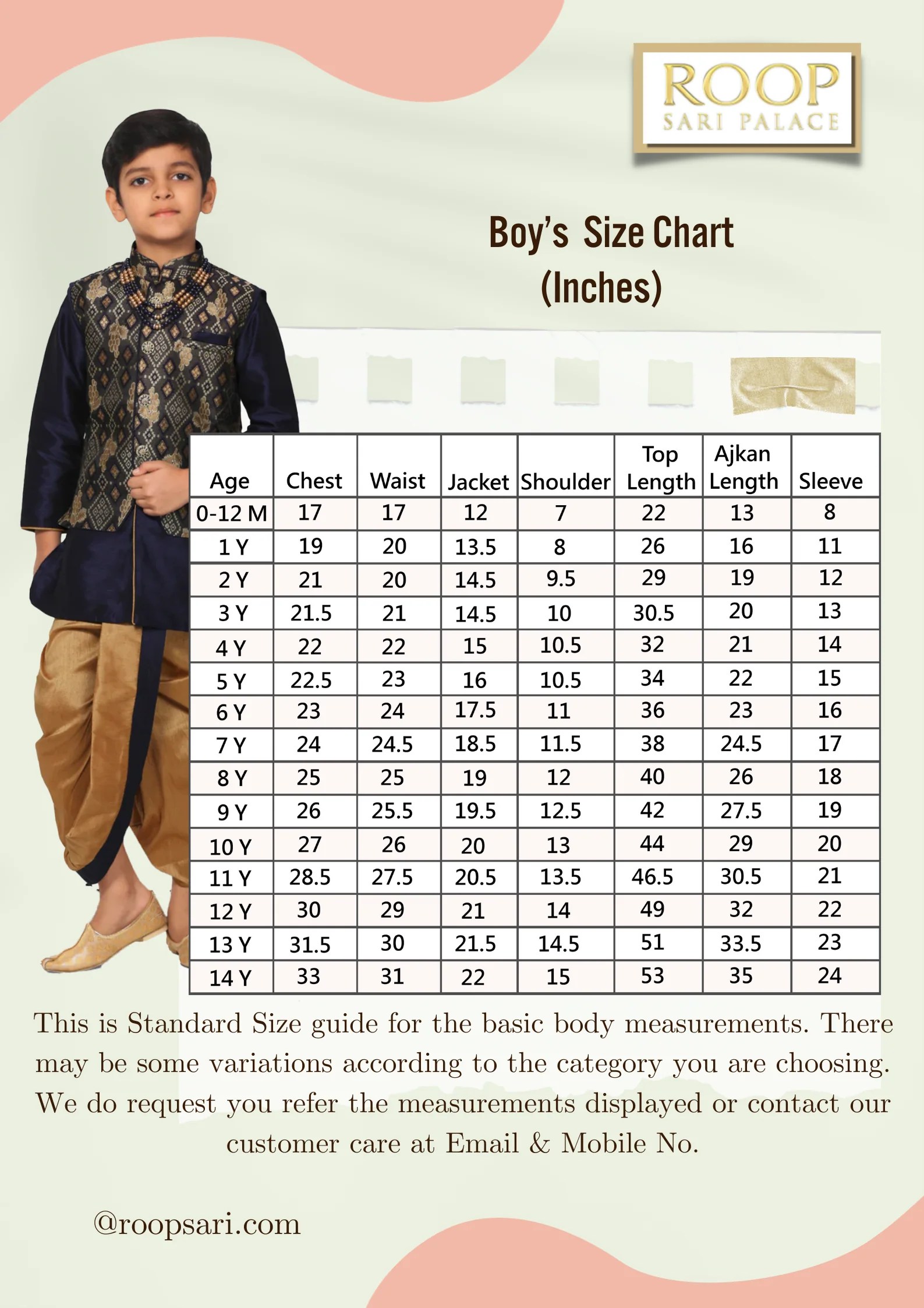 Boys Size Chart Roop Sari Palace