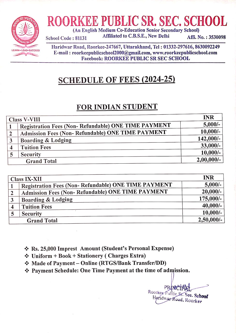 Boarding Fee Structure Roorkee Public Sr. Sec. School