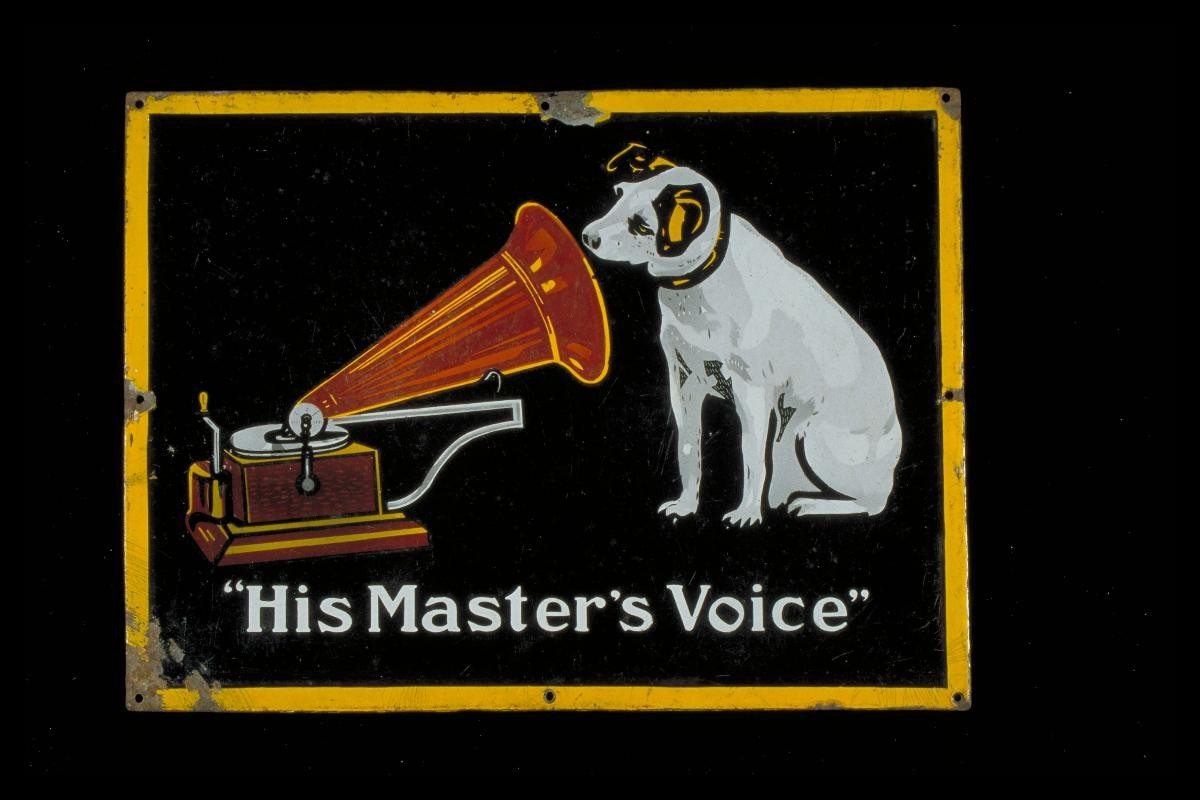 Advertisement signboard with label ‘His Master’s Voice’