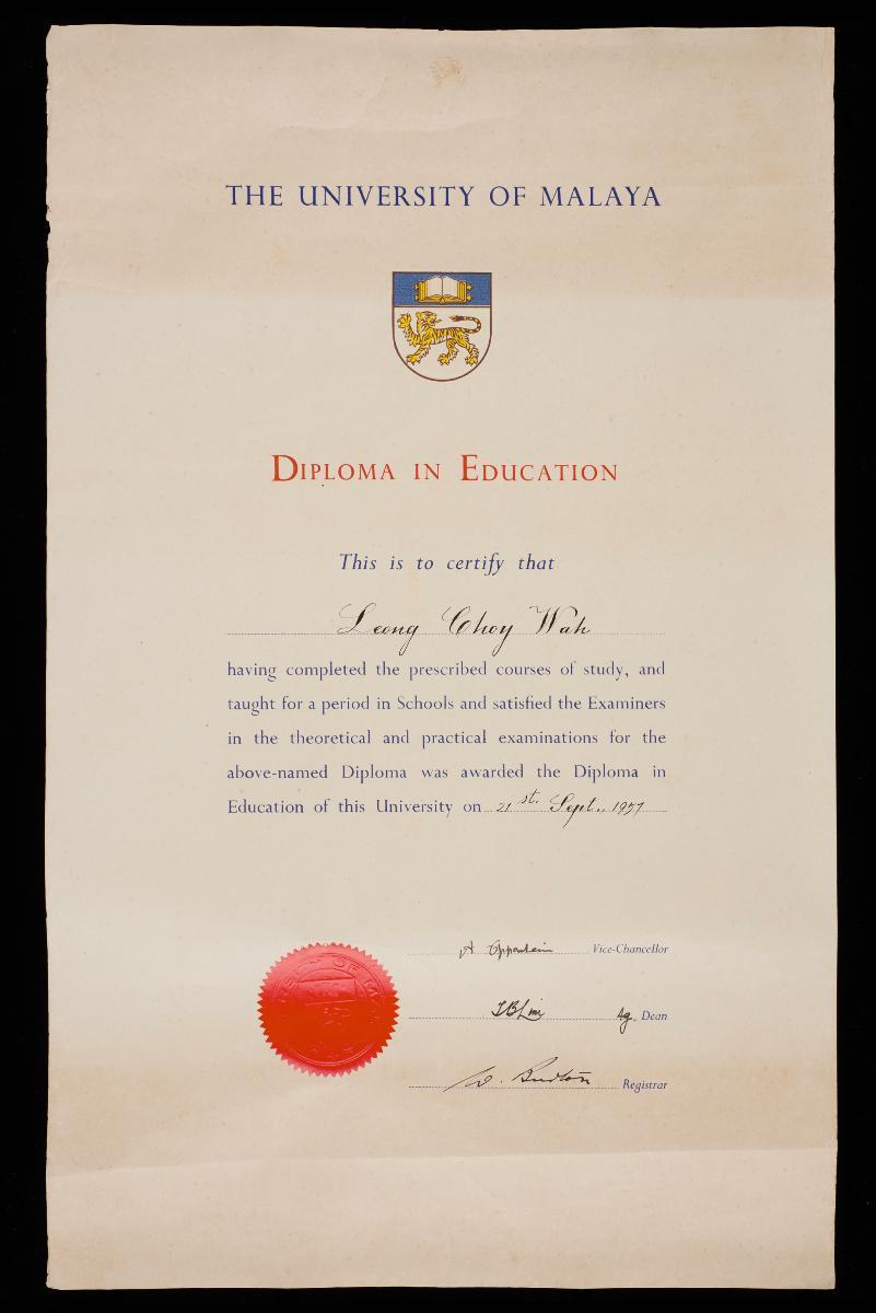 University of Malaya certificate for Diploma in Education