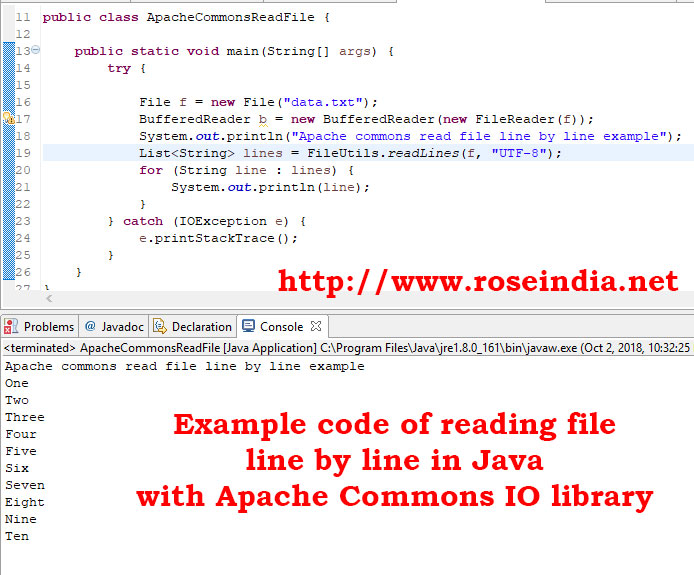 Example code of reading file line by line in Java with Apache Commons