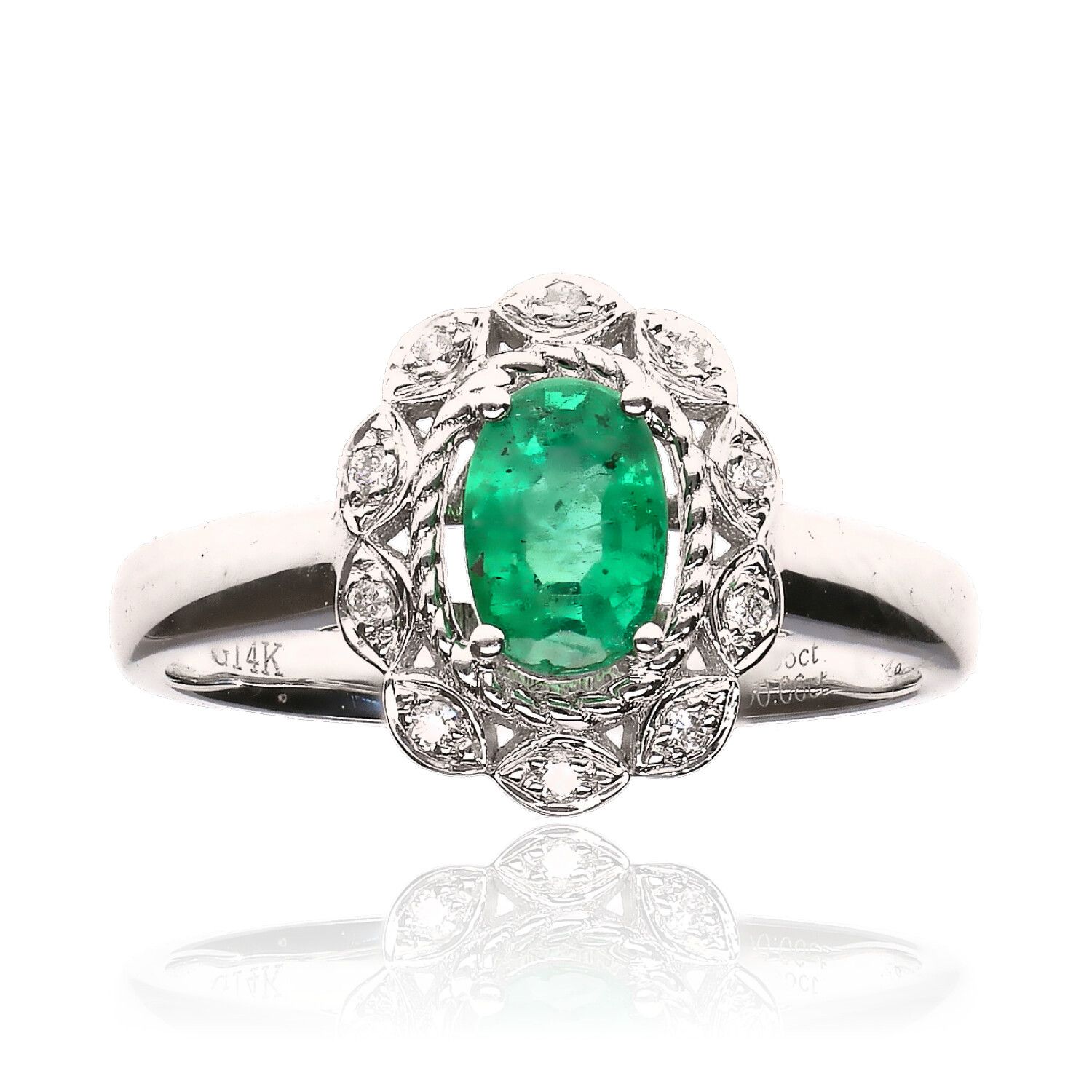 14CT WHITE GOLD EMERALD & DIAMOND RING