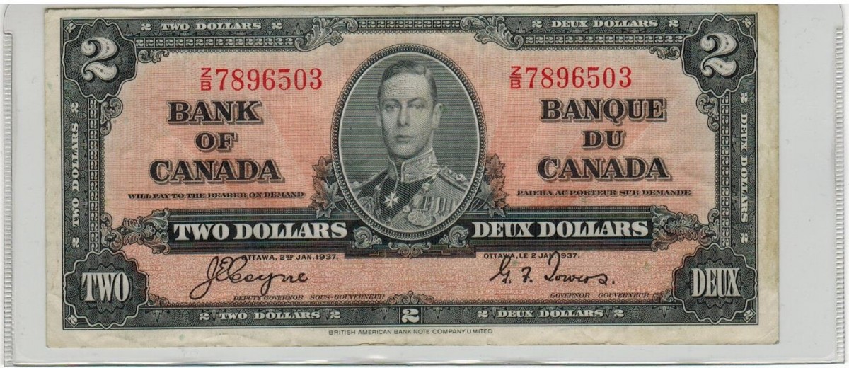 1937 Billet 2 dollars VF+ Banque du Canada