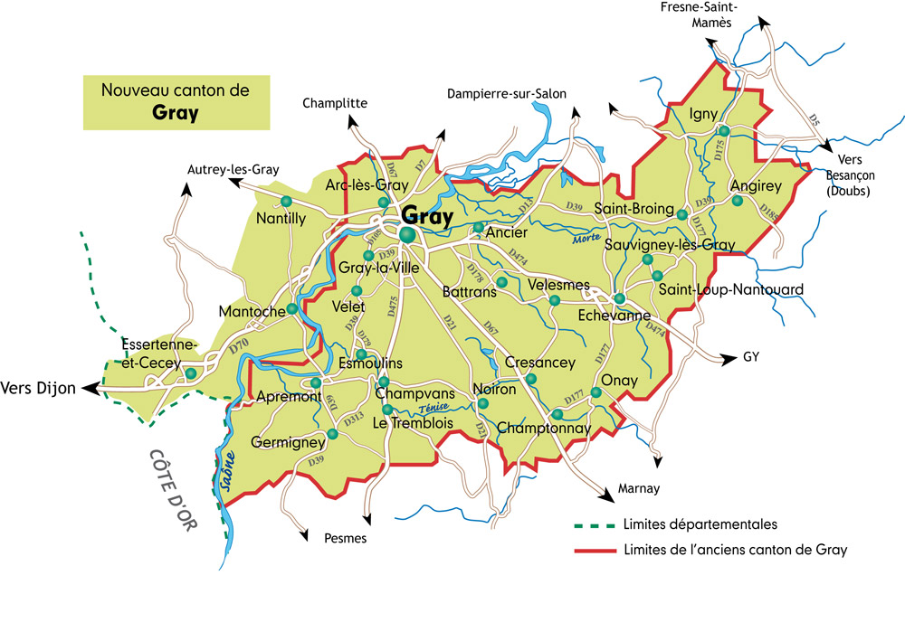 Canton de Gray, La HauteSaône, La route des communes