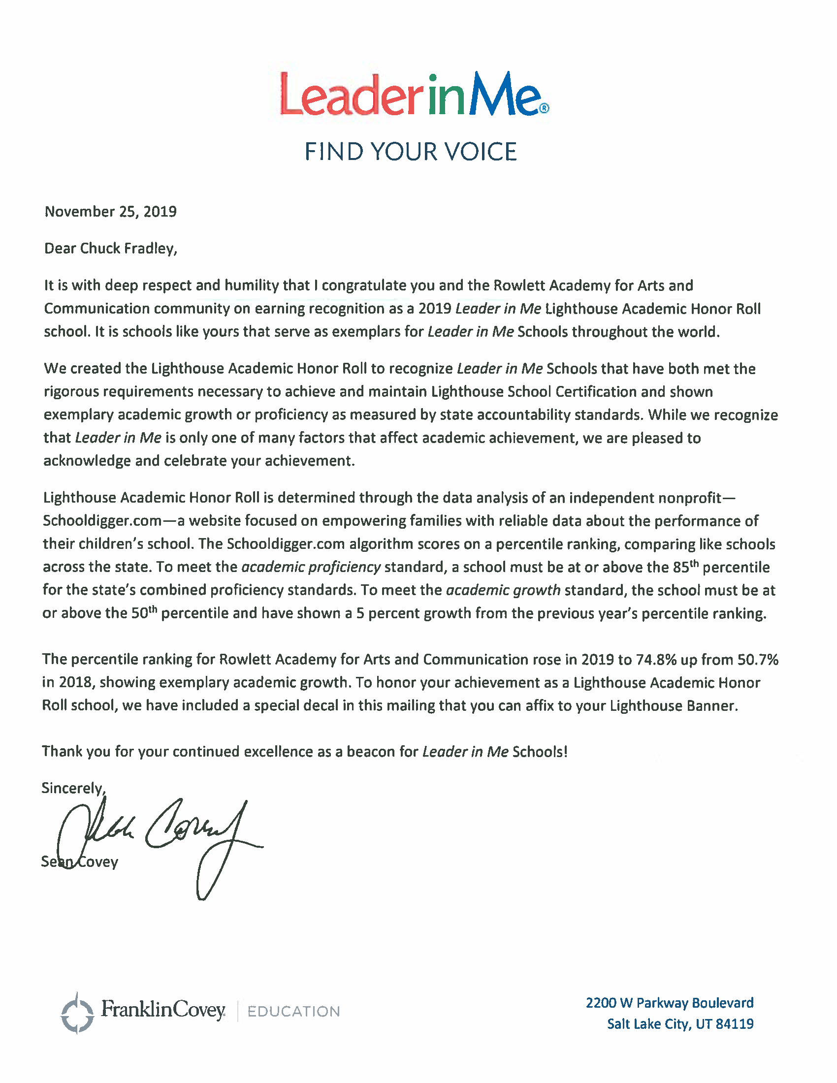 Rowlett Academy selected as a 2019 Leader in Me Lighthouse Academic