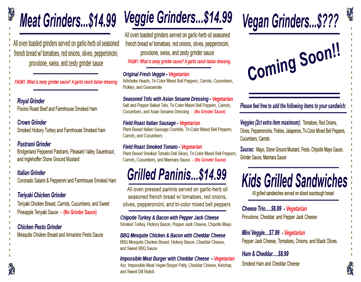 Royal Grinders Oven Roasted Subs Panini Flatbreads Beer Cider