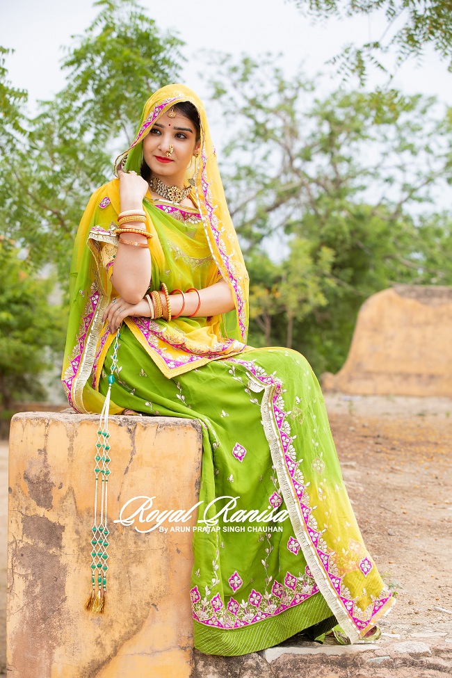 Yellow and Green Color Rajputi Poshak in Jaipur Royal Ranisa