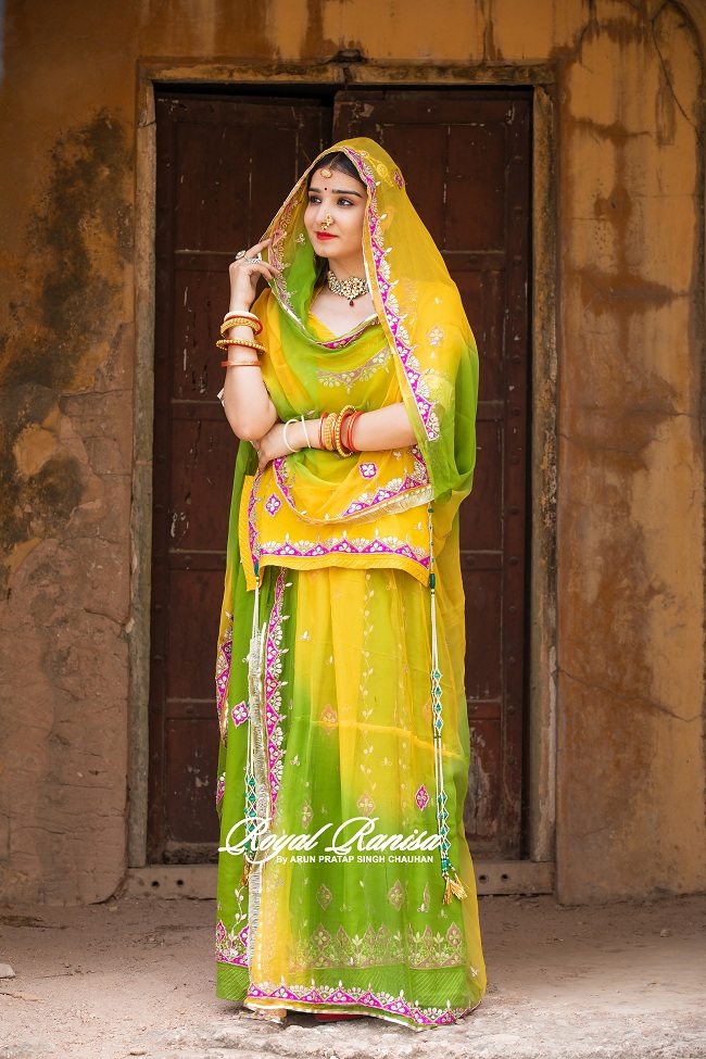 Yellow and Green Color Rajputi Poshak in Jaipur Royal Ranisa