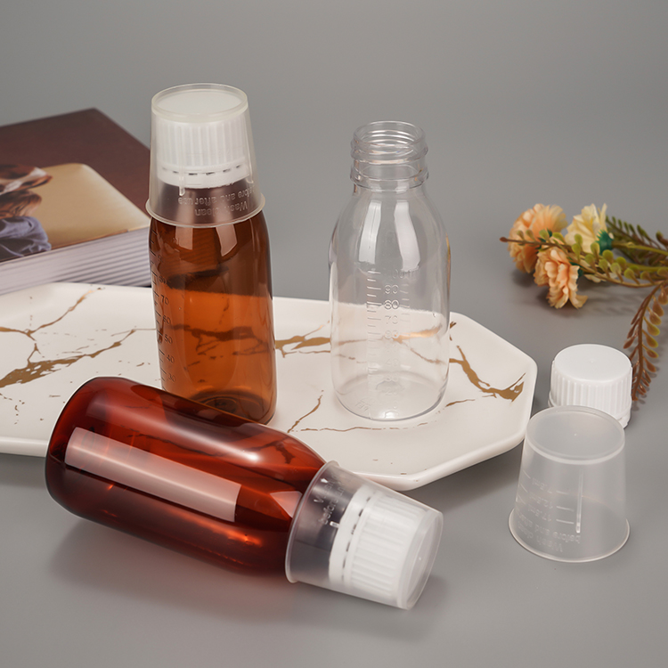 Wholesale Amber/Clear Plastic Bottles with Measuring Cup for Liquid