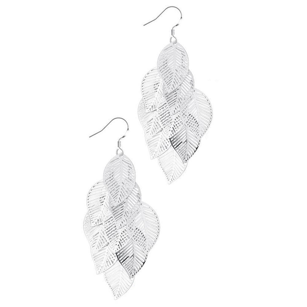 Layered Sterling Silver Hollow Cut Leaf Earrings