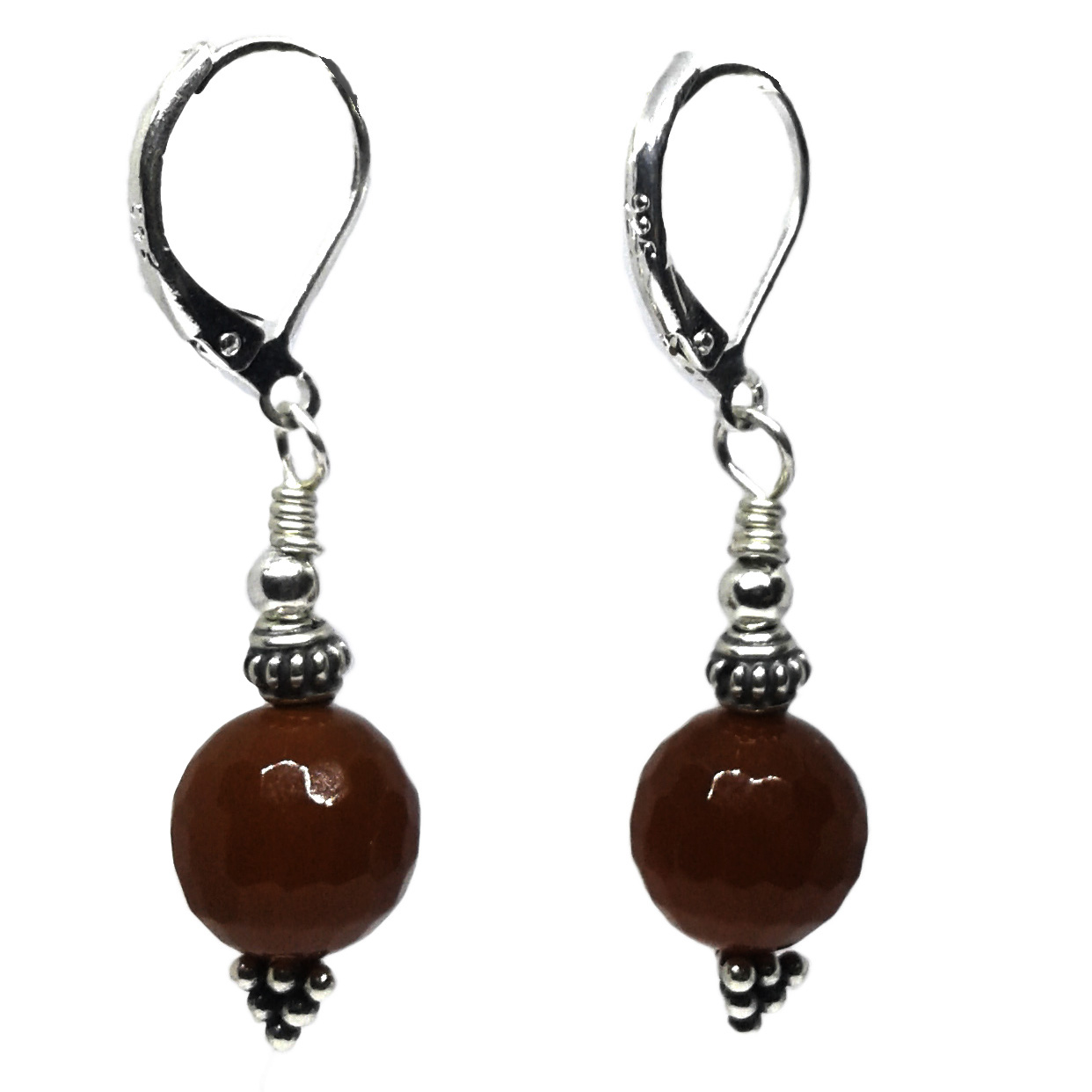 "Grape Pyramid" Short Earrings with Red Agate Ball and Bali Sterling Silver