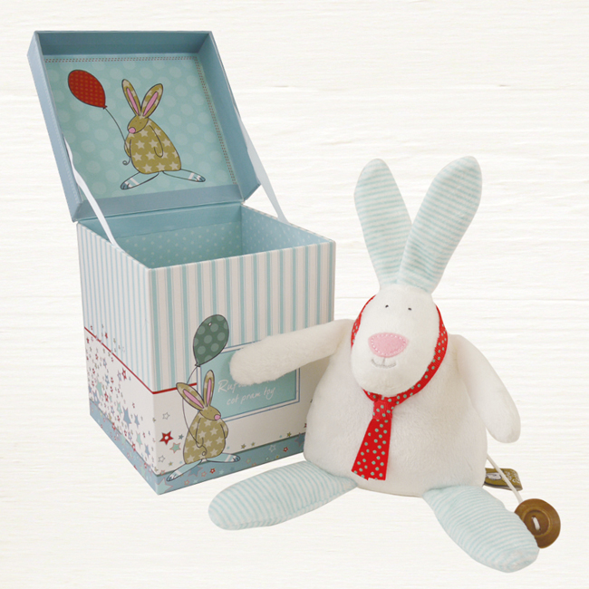 Boy Musical Pram Cot Toy by Rufus Rabbit. Pull his button tail to send